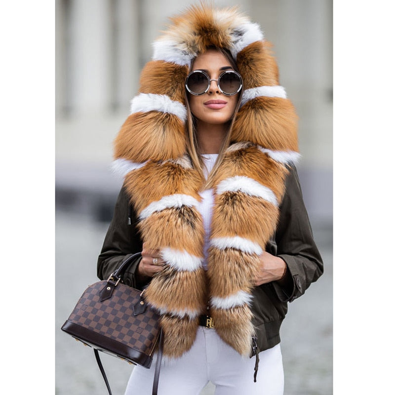 Real Red Fox Fur Parkas Short Waterproof Coat