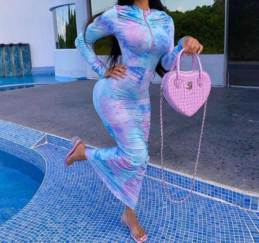 Long Sleeve Abstract Print Bodycon Maxi Dresses