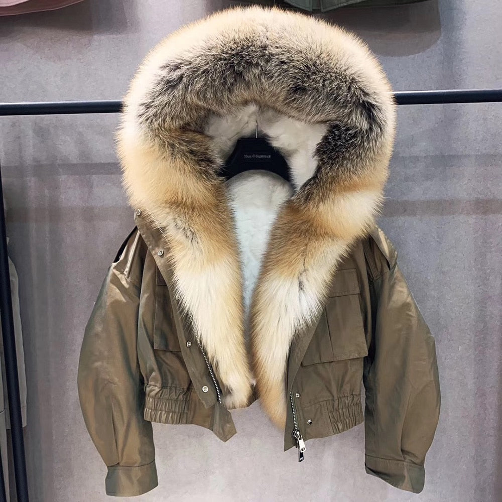 Real Fox Fur Collar Crop Bomber Jackets