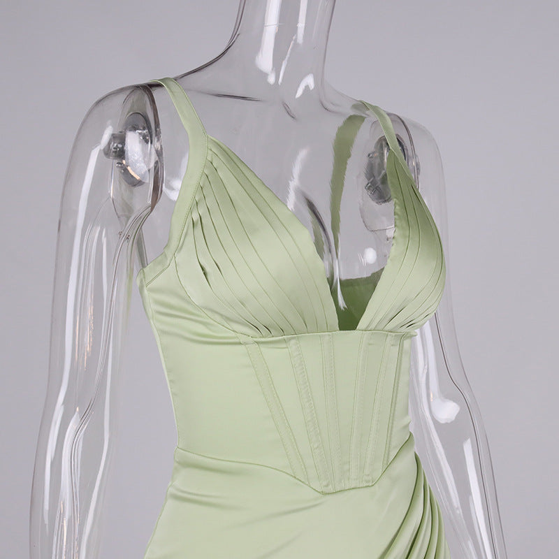 Satin Corset Slit Ruched Midi Dresses