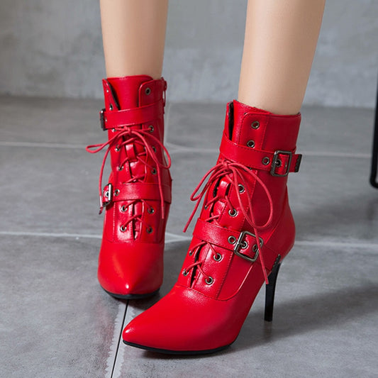 High Heels Lace Up Pointed Toe Ankle Boots