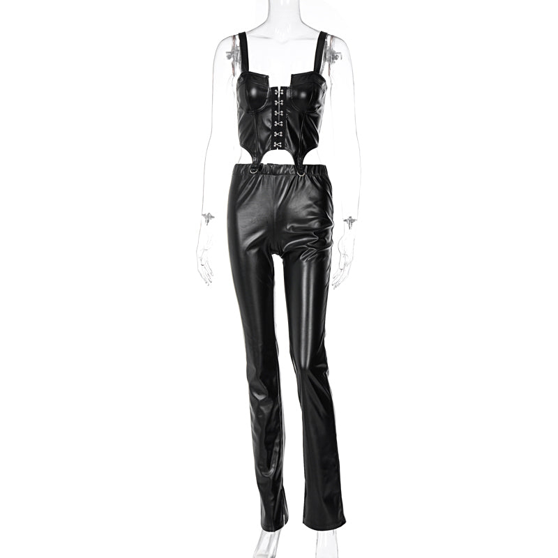 Pu Leather Corset Crop Top & Flare Slit Pants
