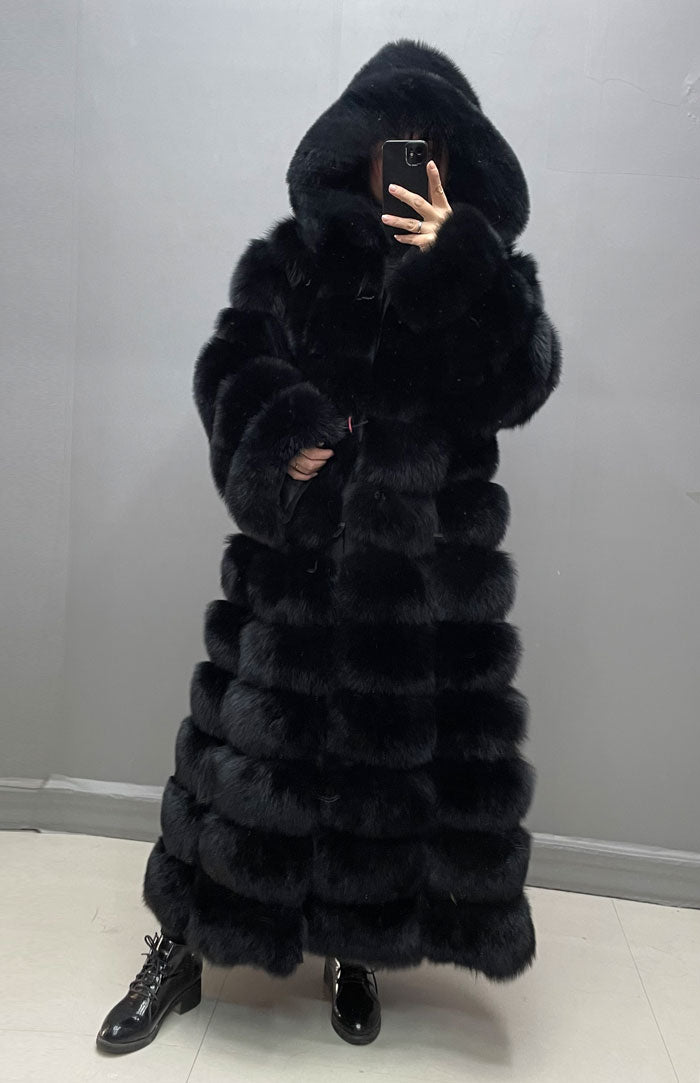 Pattern Hooded X-long Real Fox Fur Coats