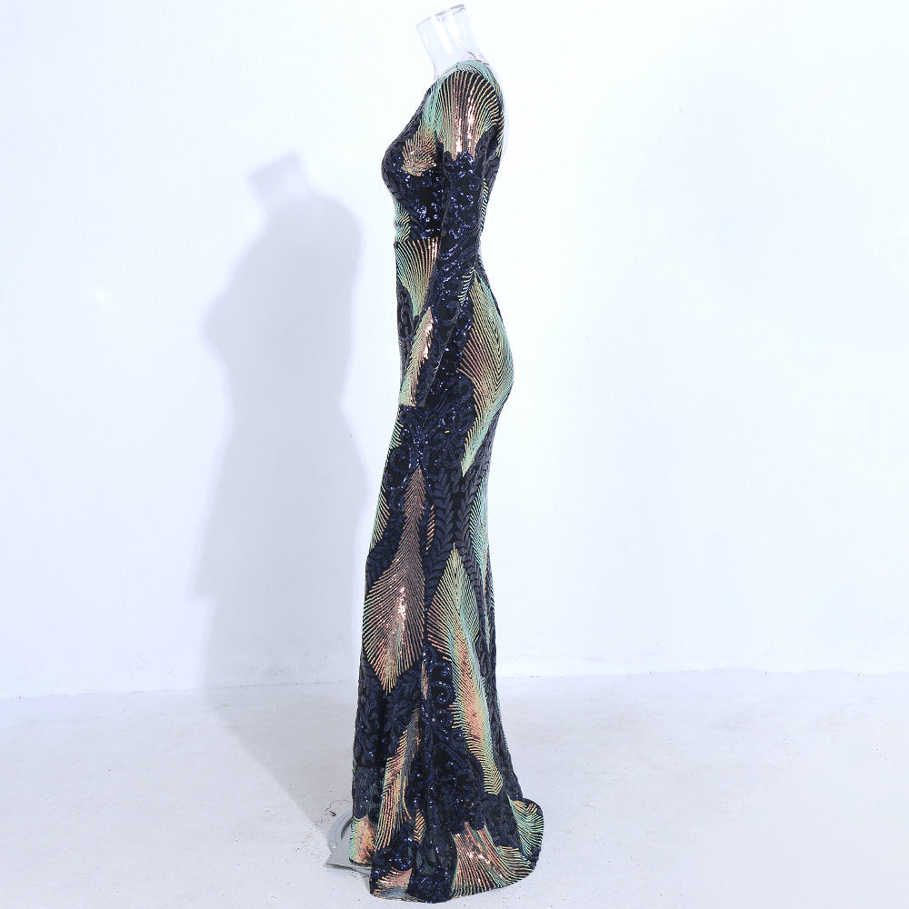 O Neck Long Sleeve Backless Sequin Maxi Multi Dress