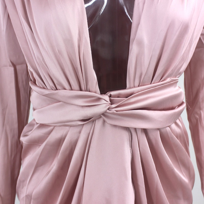Deep V Wrap Long Sleeve Bandage Dresses