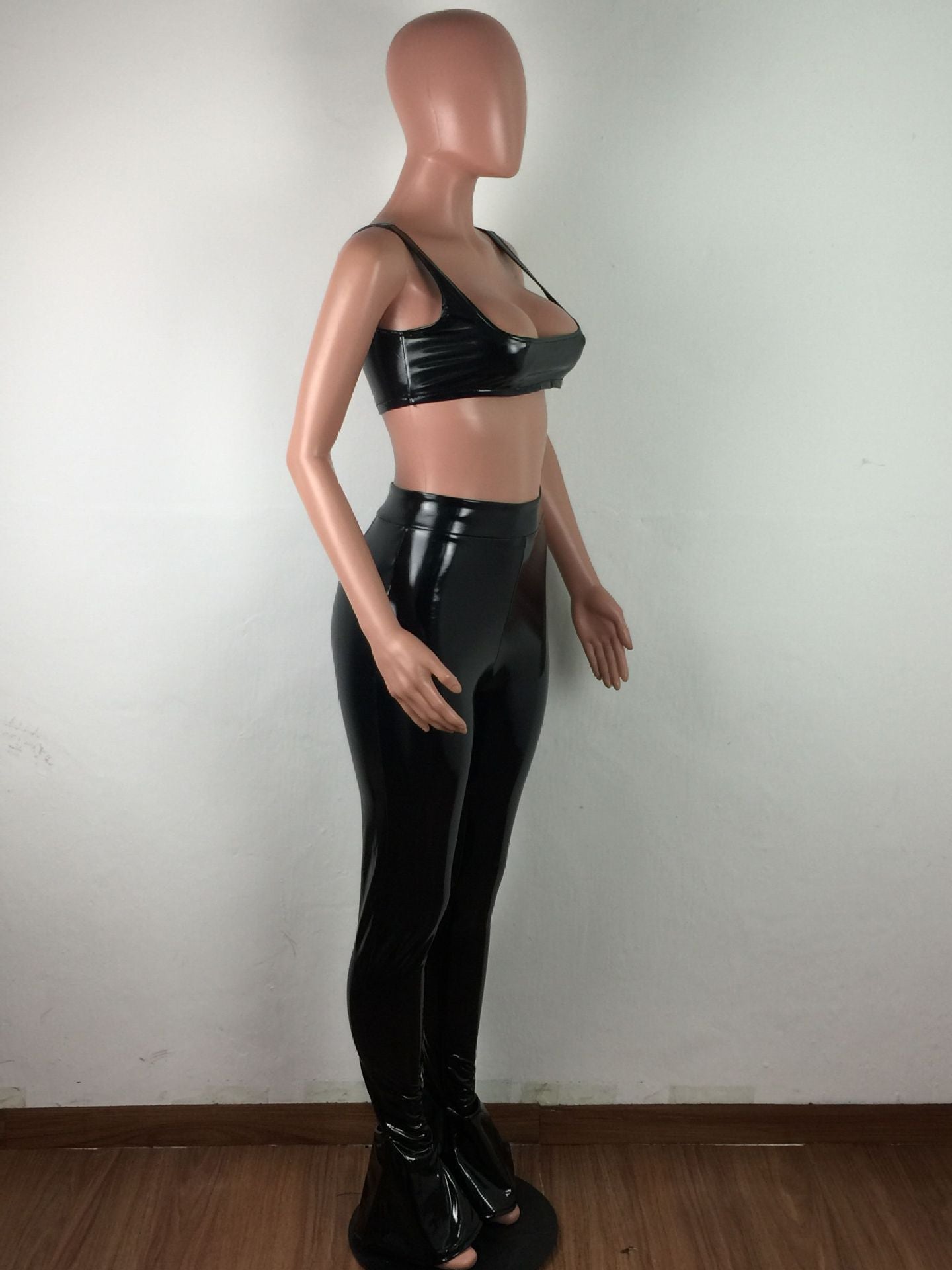 Black Pu Leather Tank Crop Top and Pants Set