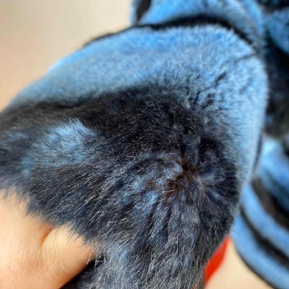 Blue Real Rabbit Fur Hooded Coats