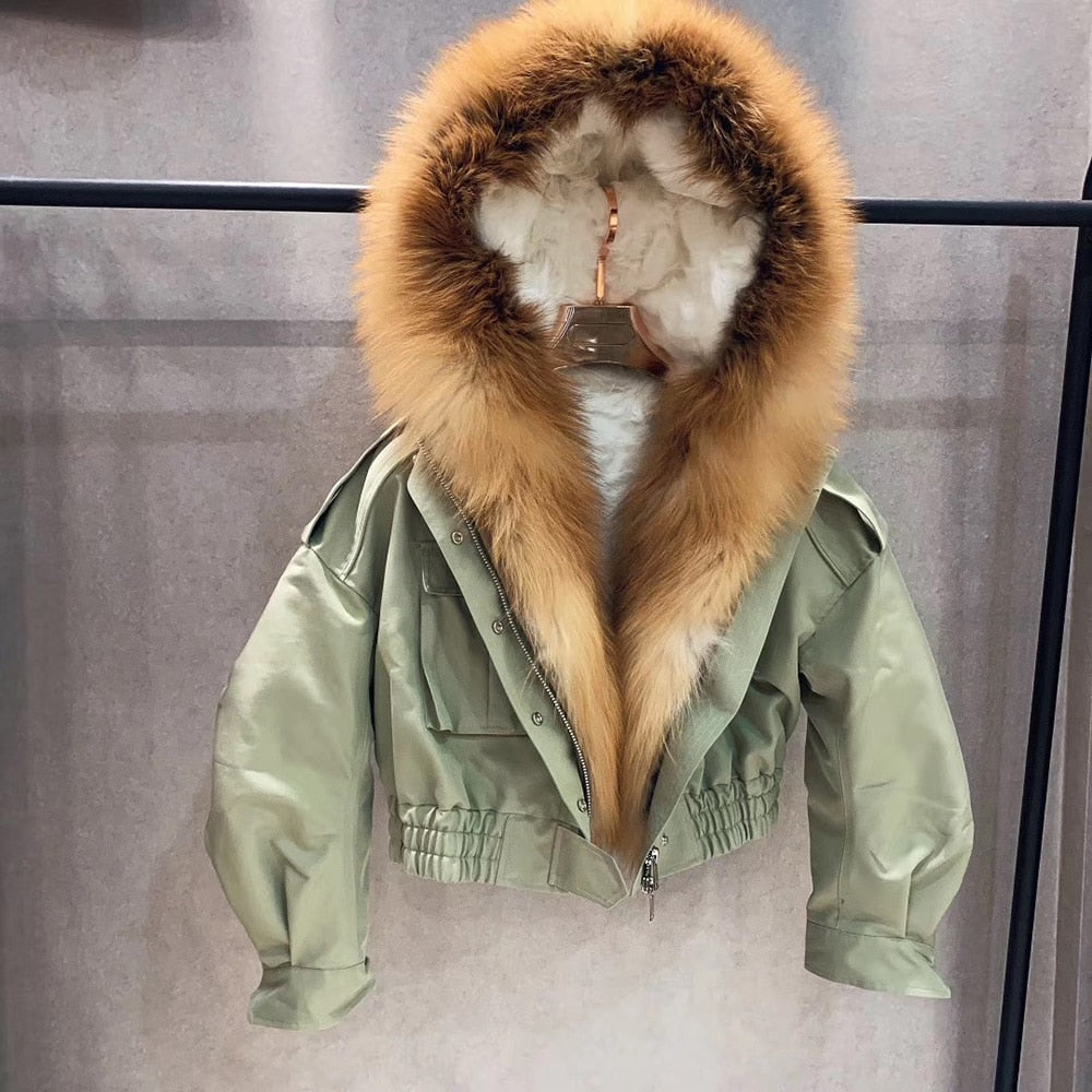 Real Fox Fur Collar Crop Bomber Jackets