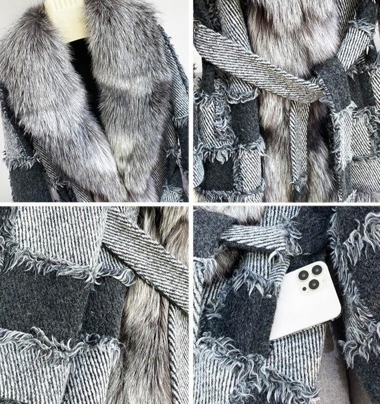 Real Fox Fur Wool Color Block Coats