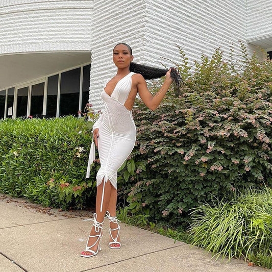 Single Sleeve V-neck Mesh Drawstring Lace Mid Dress