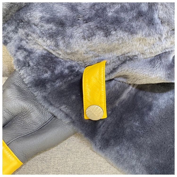 Genuine Leather Real Sheep Fur Collar Coat