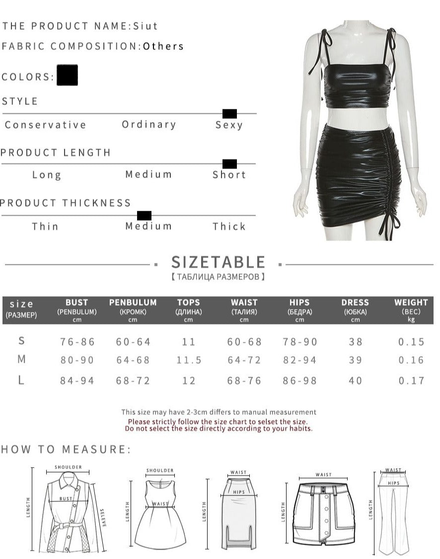 PU Leather Drawstring Sleeveless Crop & Skirt
