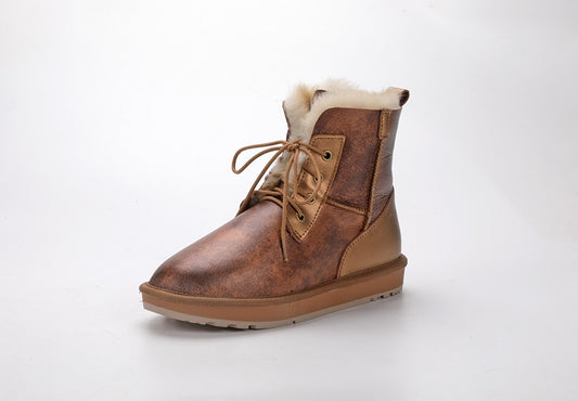 Genuine Leather Natural Wool Fur Lined Waterproof Ankle Boots