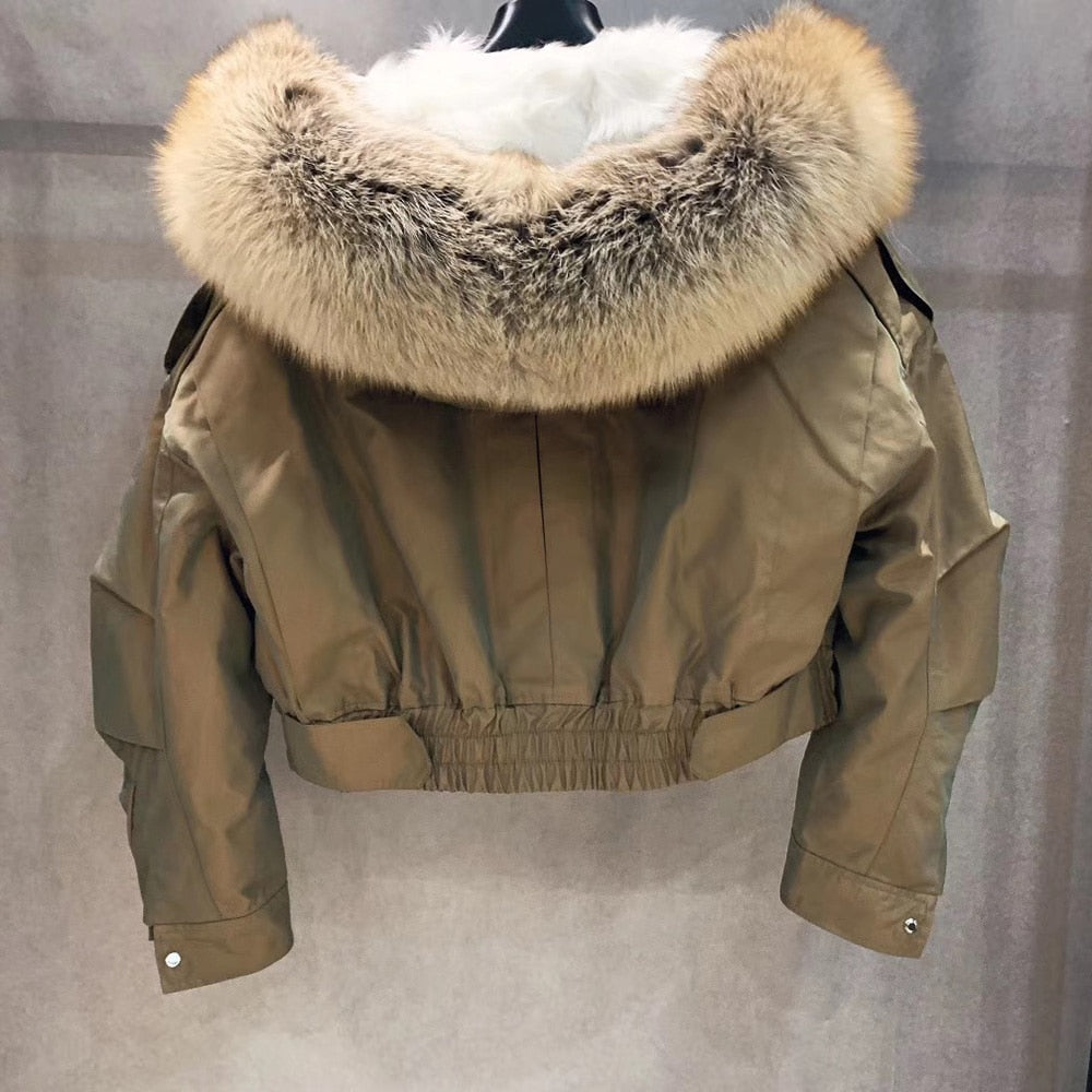 Real Fox Fur Collar Crop Bomber Jackets