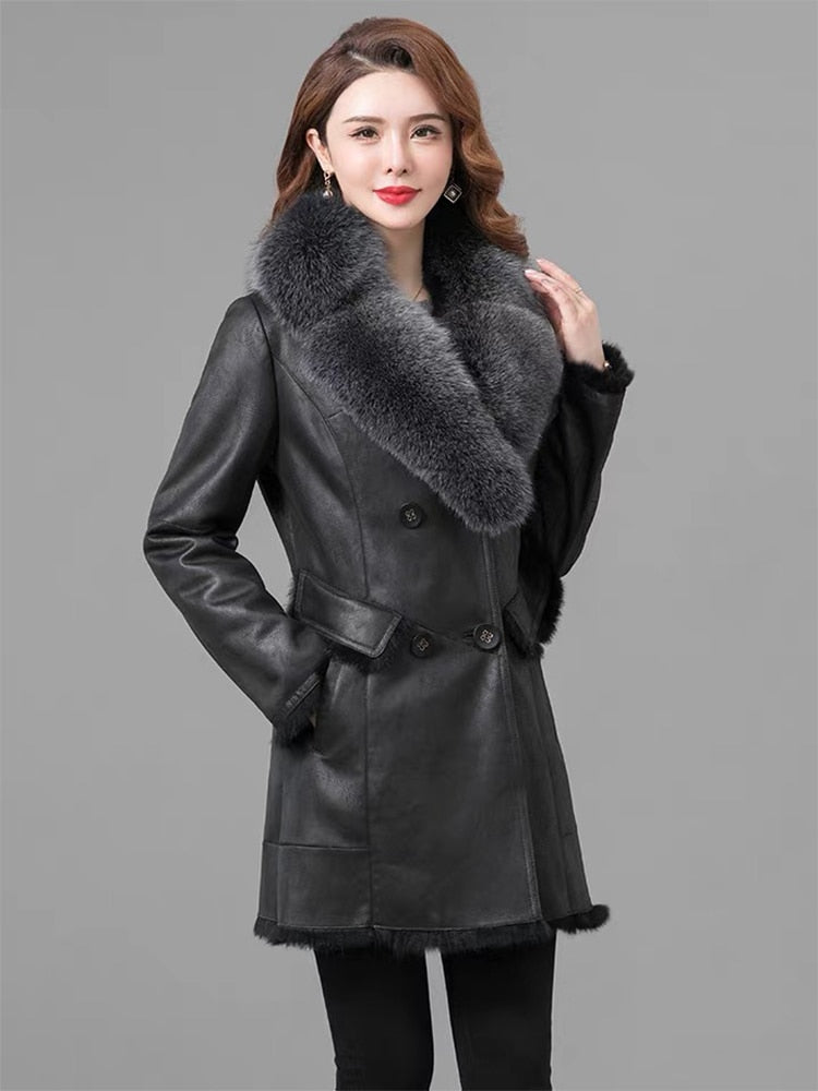 Genuine Leather Long Coats Big Fur Collar & Liner