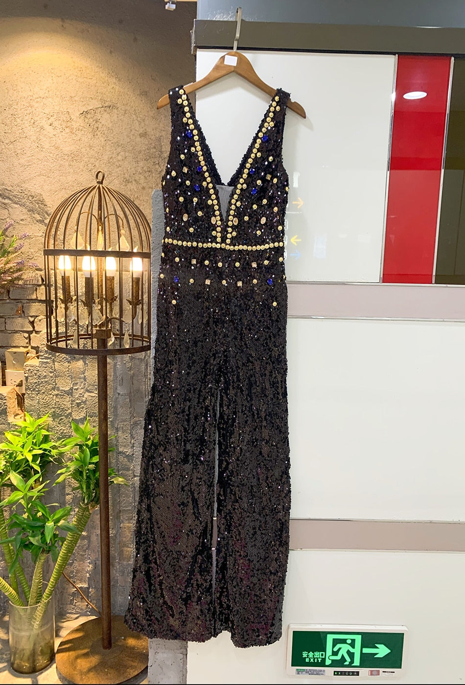Deep V-Neck Rhinestone Sequin Wide-Leg Jumpsuit