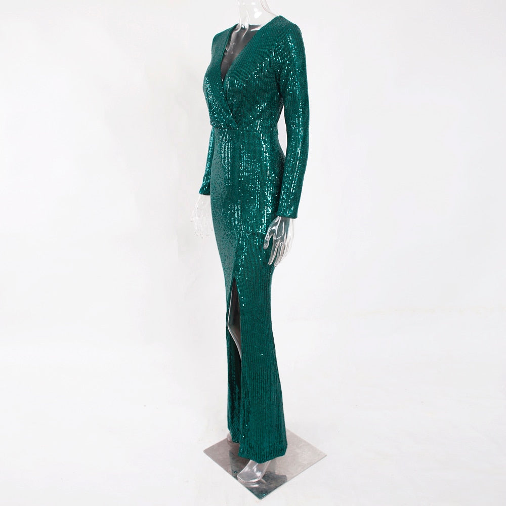 Sequin Stretchy Long Sleeve Maxi Dresses