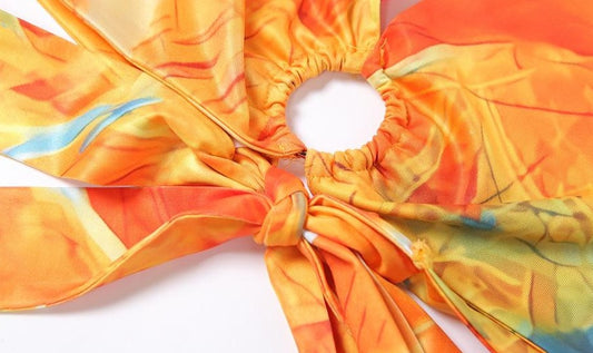 Colorful Print Hollow Low-Cut Halter & Skirt Sets