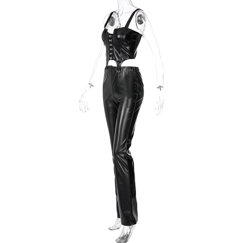 Pu Leather Corset Crop Top & Flare Slit Pants