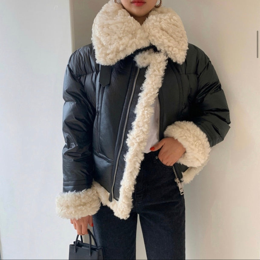 Thick Shearling Collar Down Puffer Coat