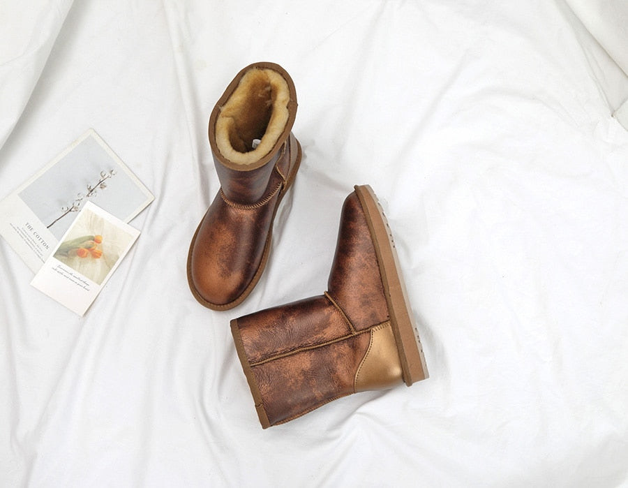Real Leather Wool Fur Lined Snow Boots Waterproof