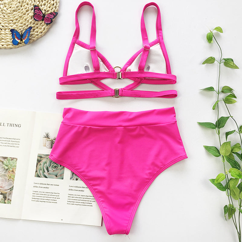 Pink High Waist Ring Bandage Bikini Set