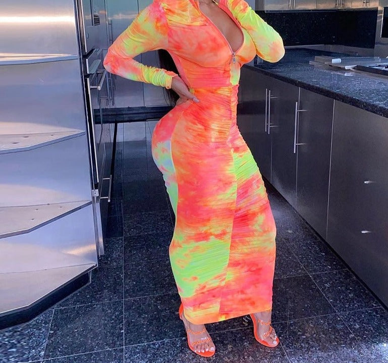 Long Sleeve Abstract Print Bodycon Maxi Dresses
