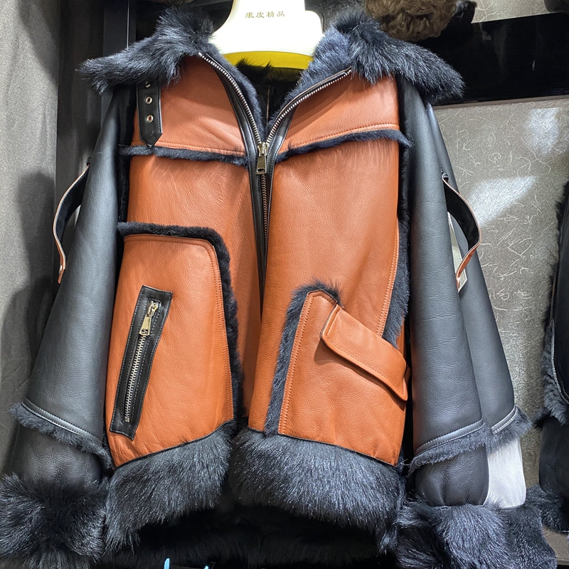 Genuine Leather Black Shearling Two Tone Jackets