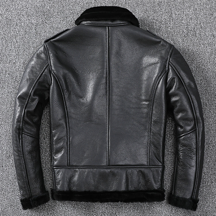 Genuine Leather Moto Jacket Real Wool Lining