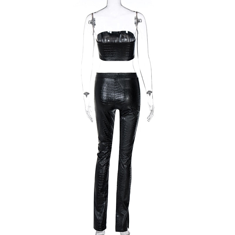 Pu Leather Strapless Crop Tube Pants Set