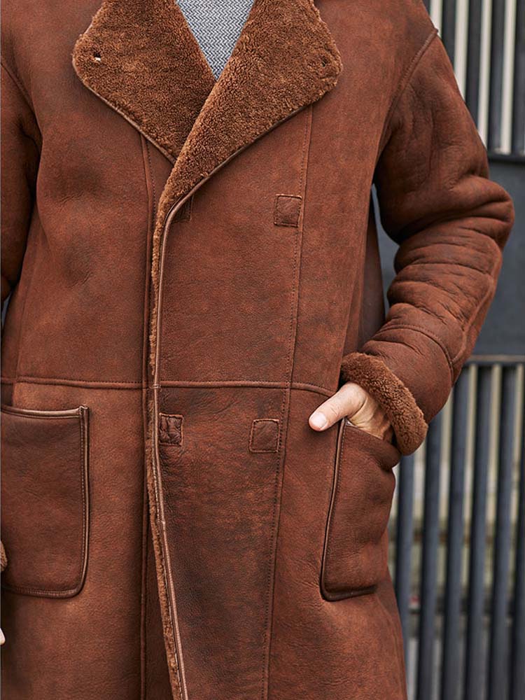 Genuine Leather Real Shearling Double Breasted Long Coat