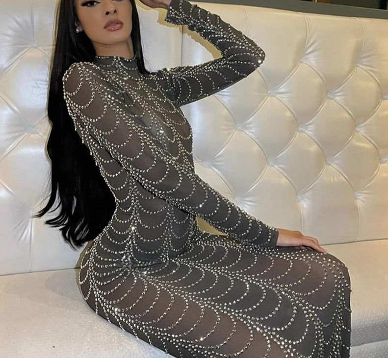 Crystal Long Sleeve Mesh Maxi Dresses