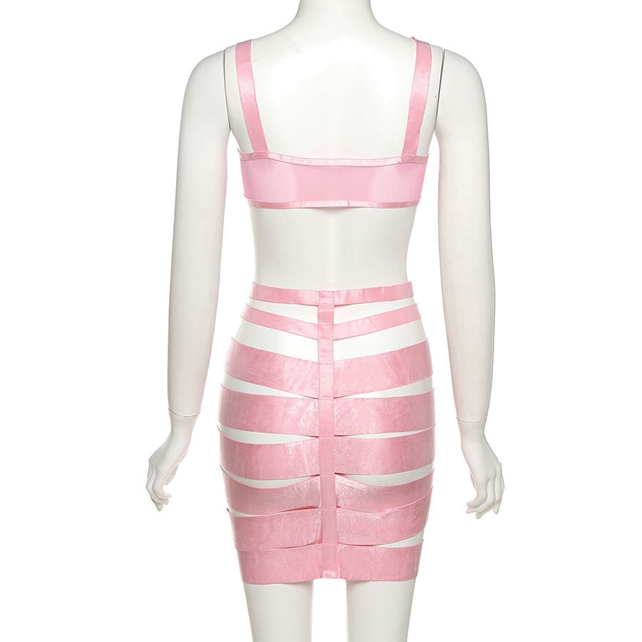 Strap Gaps Hollow Crop Top & Mini Skirts