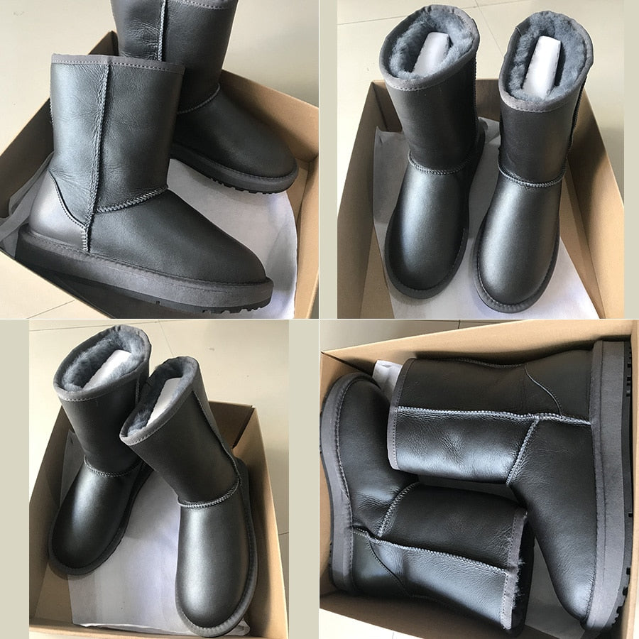 Real Leather Wool Fur Lined Snow Boots Waterproof
