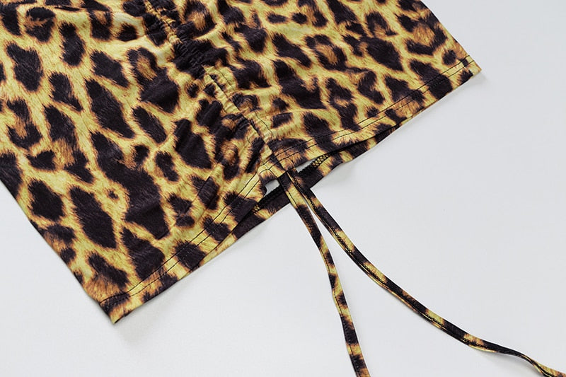 Leopard Halter Deep V Hollow Mini Dress