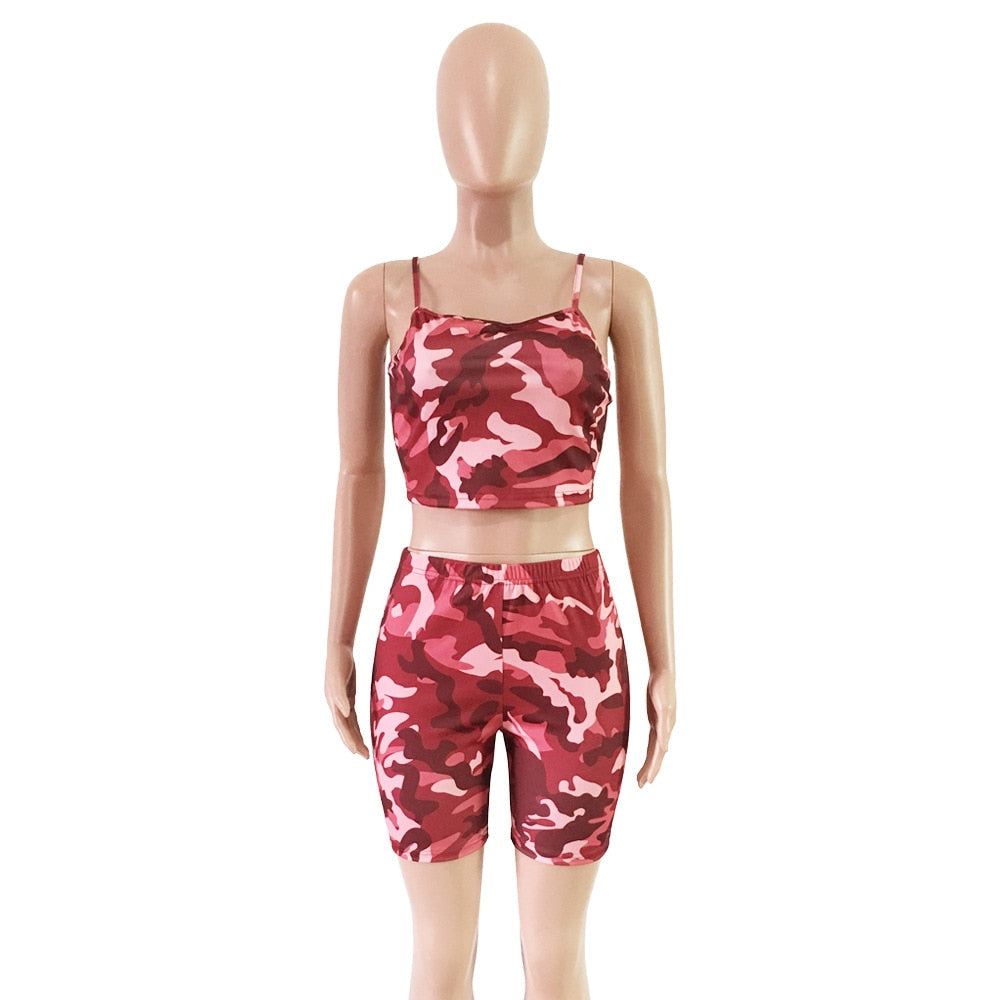 Camo Print Crop Top and Biker Shorts Two Piece Set (Plus Size)