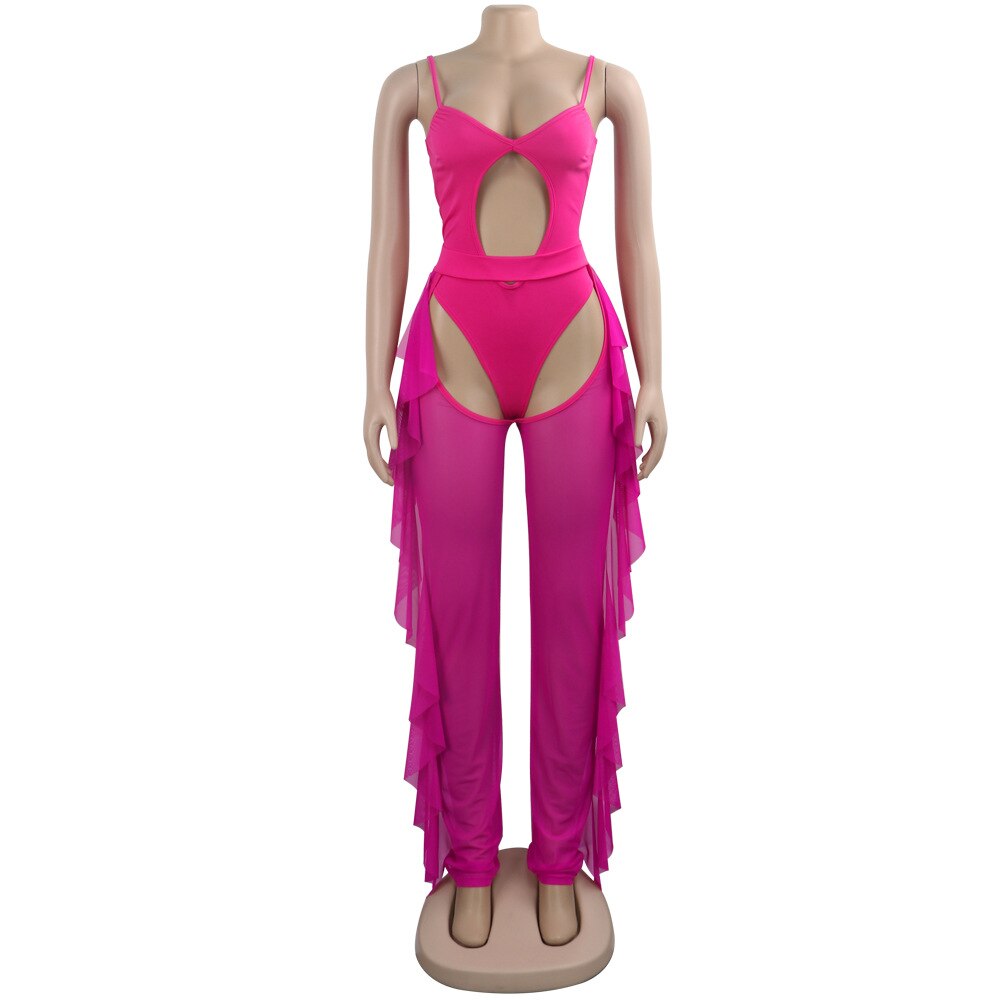 Neon Mesh Hollow Bodysuit Jumpsuits