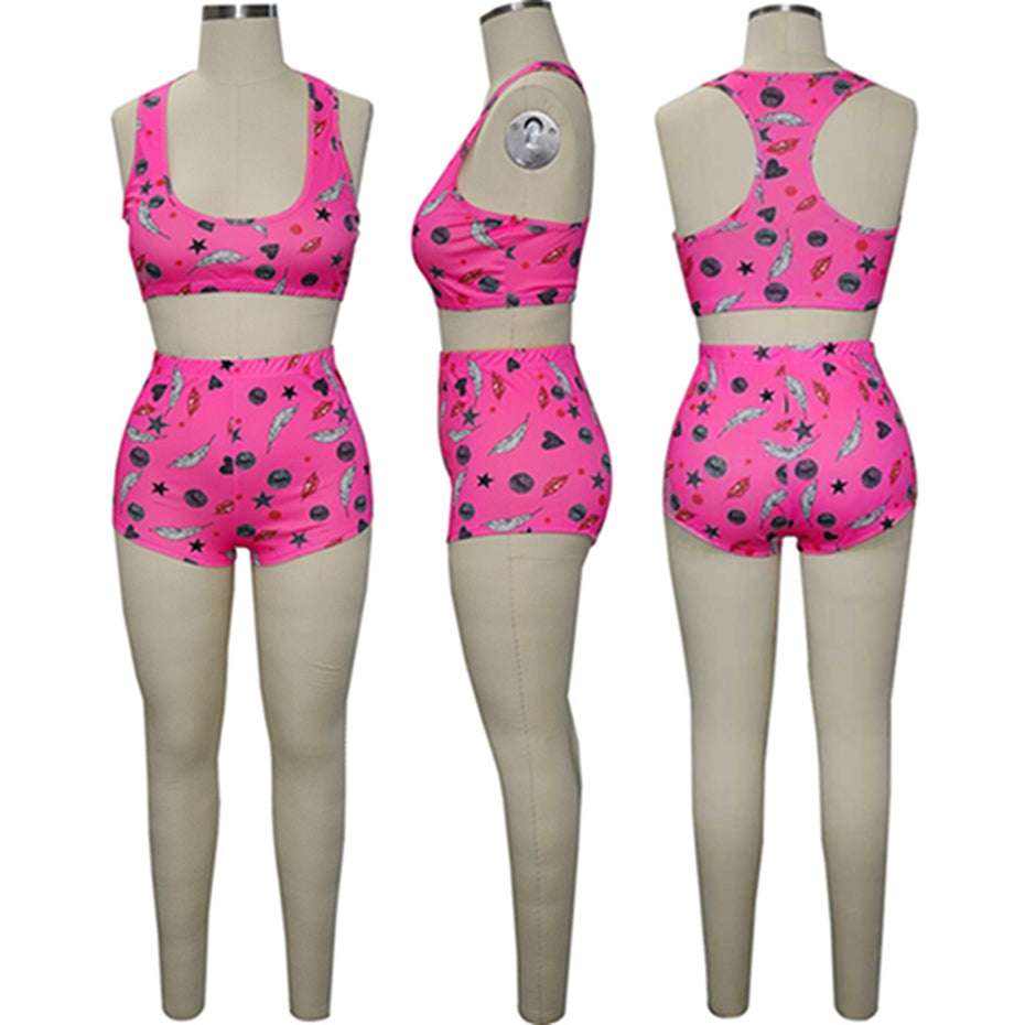 Leaf Print Tank Crop Top+Bodycon Shorts Sets