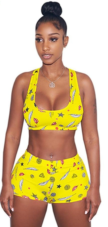 Leaf Print Tank Crop Top+Bodycon Shorts Sets