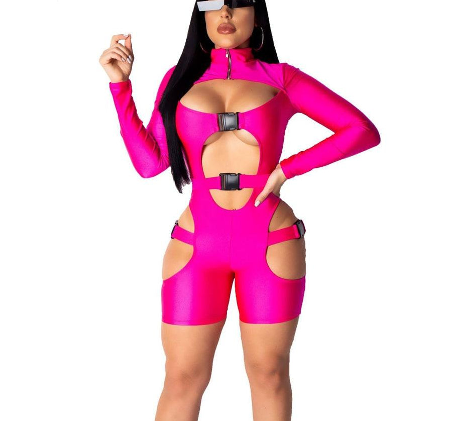 Hollow Out Buckle Long Sleeve Rompers