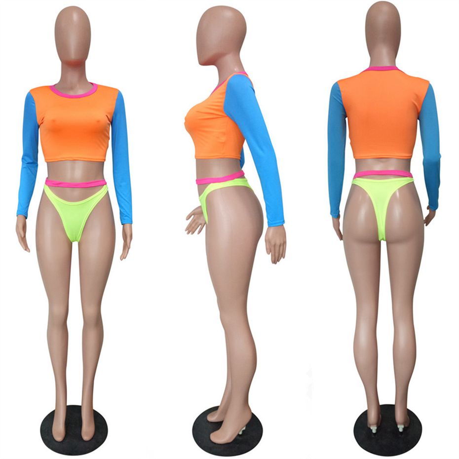 Colorful Fluorescence Long Sleeve Crop Top and Bikini Sets