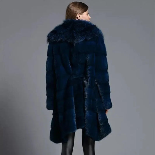 Blue Real Mink Fur Coats Big Fox Fur Collar