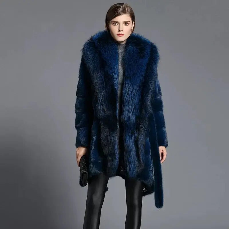 Blue Real Mink Fur Coats Big Fox Fur Collar