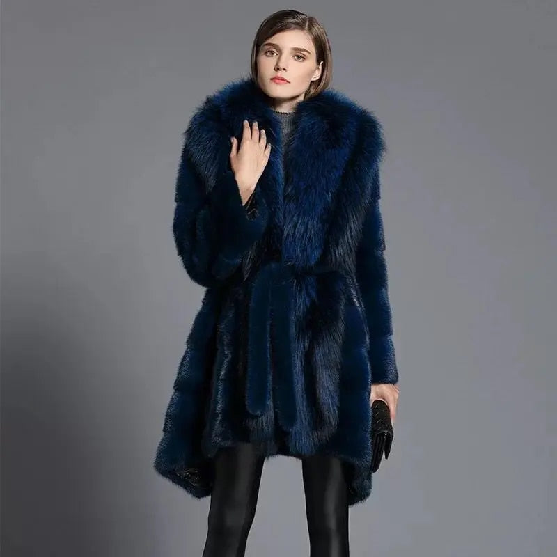 Blue Real Mink Fur Coats Big Fox Fur Collar