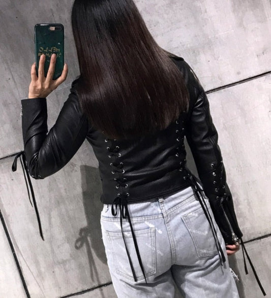 Genuine Leather Jacket Back Lace Up Moto
