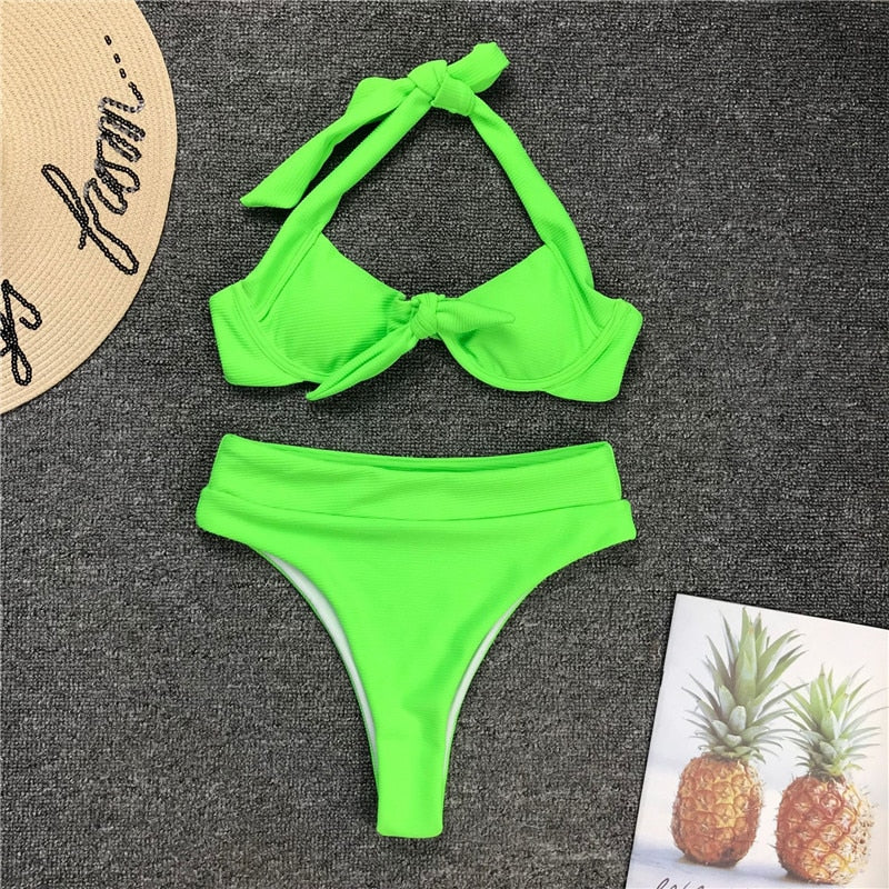 Neon High Waist Thong Bikini Sets