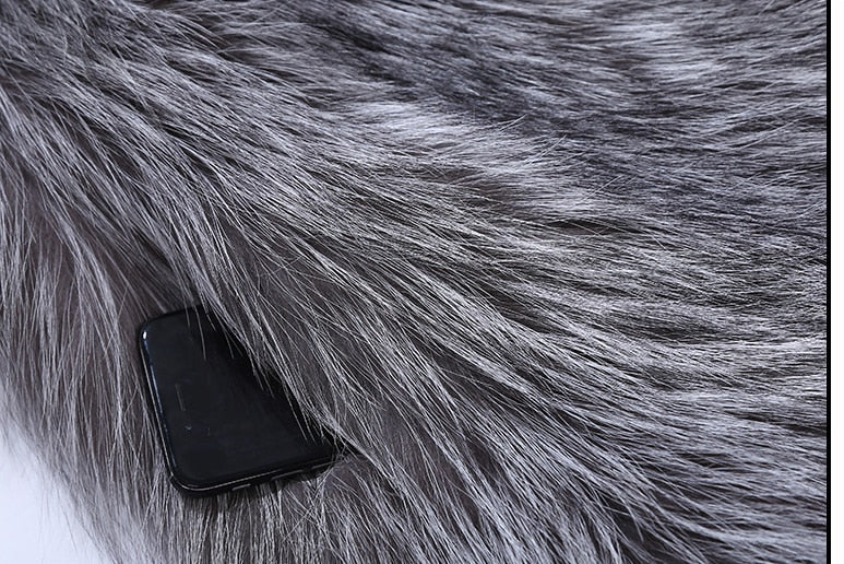 Real Natural Silver Fox Fur With Thick Fur Collar Long Overcoat