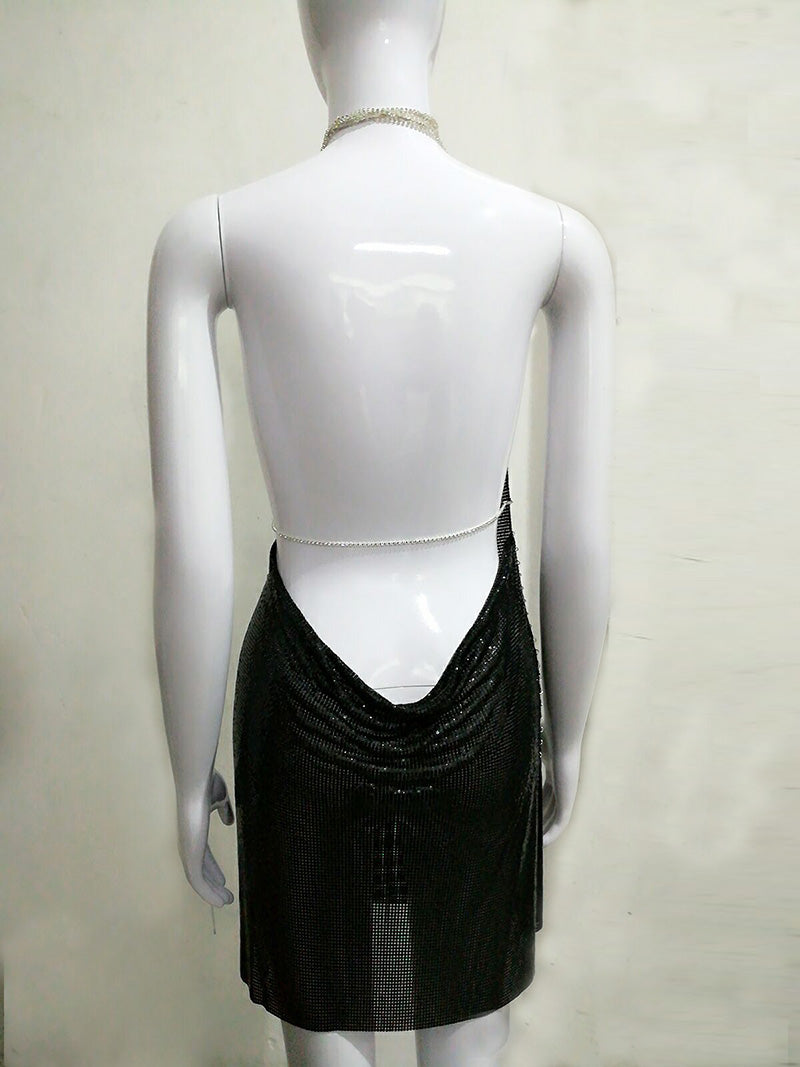 Metallic Ice Deep V Neck Halter Backless Dresses