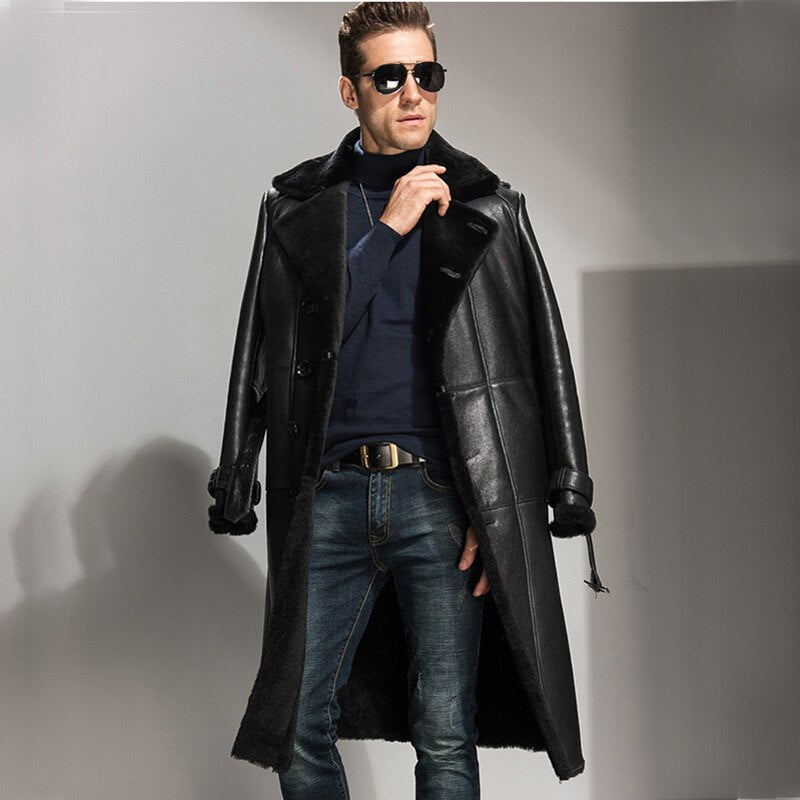 Black Genuine Leather Shearling Coat Long