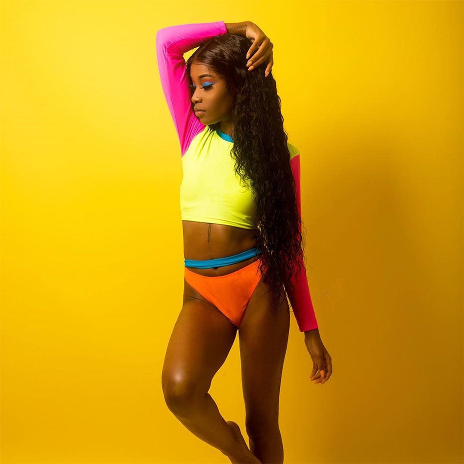 Colorful Fluorescence Long Sleeve Crop Top and Bikini Sets